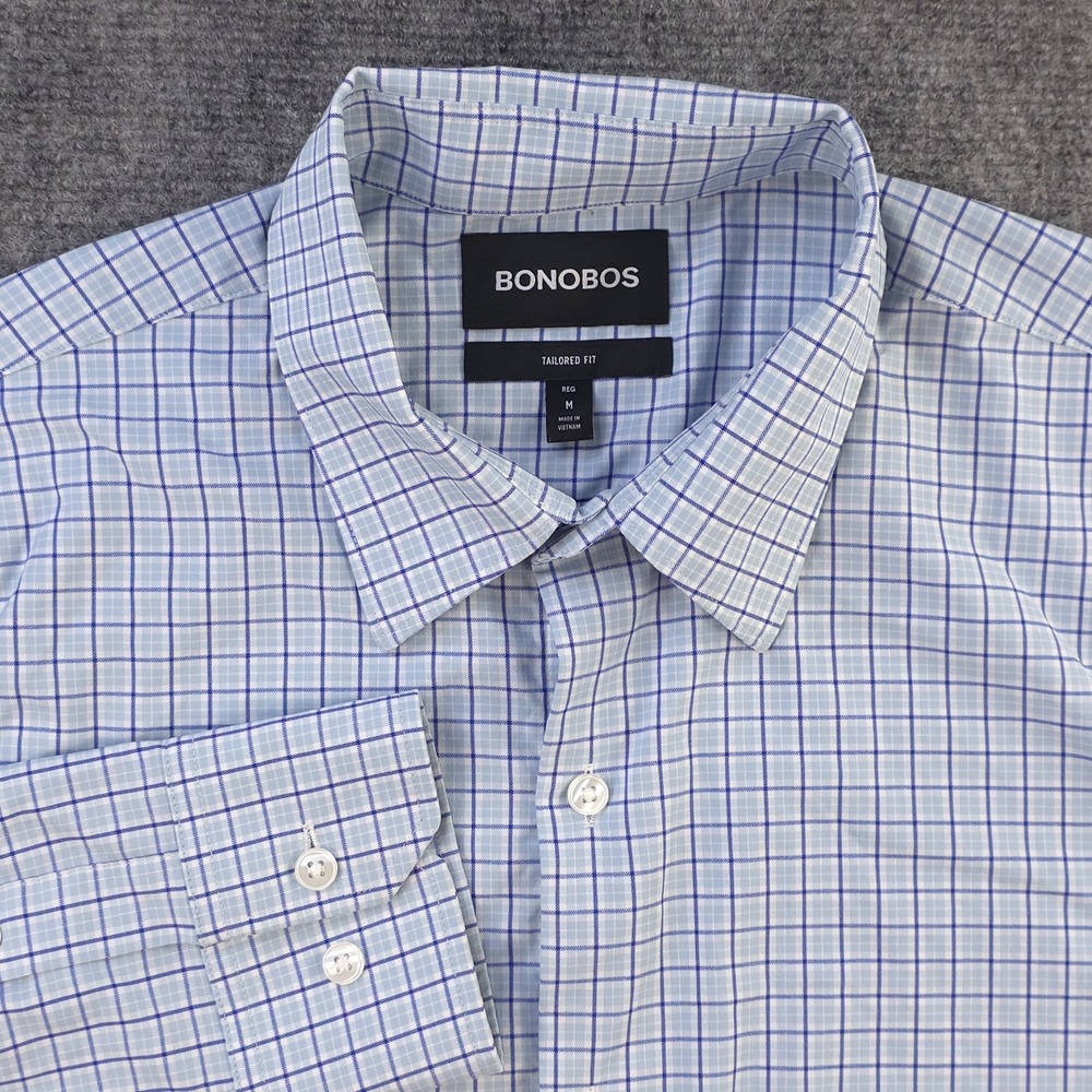 Bonobos Shirt Medium Tailored Fit Blue Check Long Sleeve‎ Nylon Stretch Button